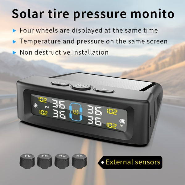 Solar-Powered Tire Pressure Monitor with 4-Wheel Sensor